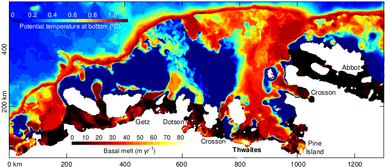 Simulated bottom ocean temperature and ice shelf basal melt