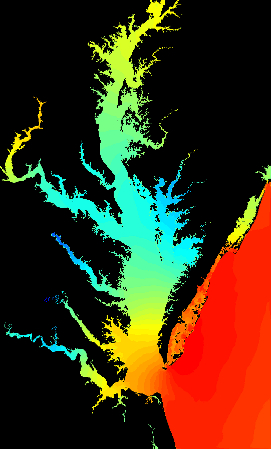 Snapshot from numerical simulation of surface M2 tide in Chesapeake Bay